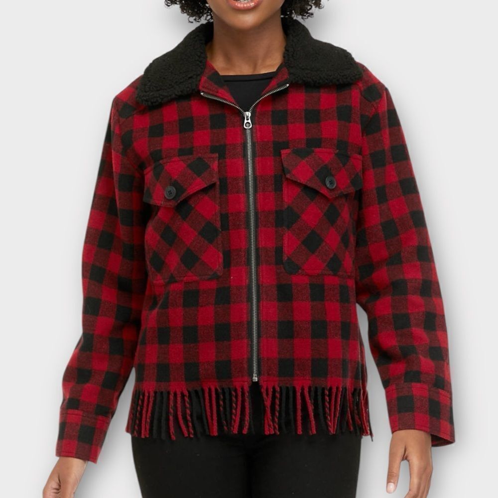 Chaps Red Black Plaid Fringe Jacket Sherpa Collar XL